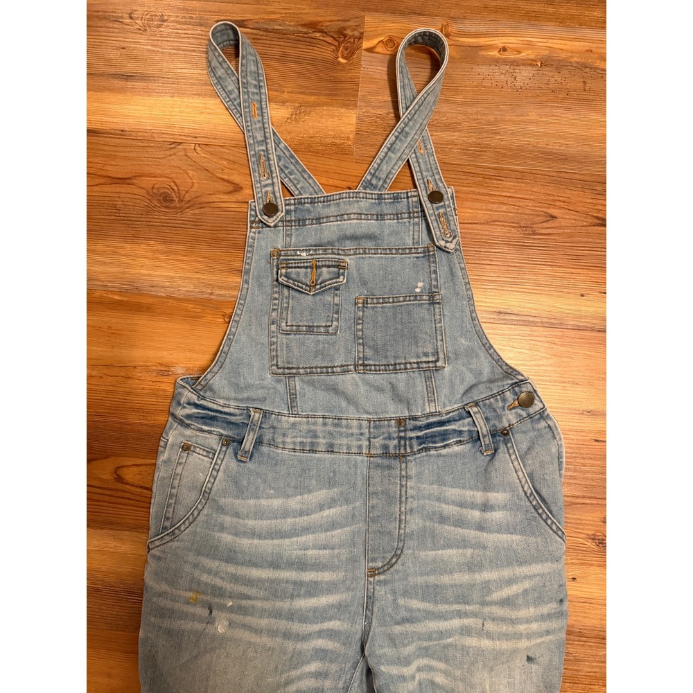 Free People Light Wash Paint Splatter Denim Overalls Blue Size 8 - Picture 3 of 6